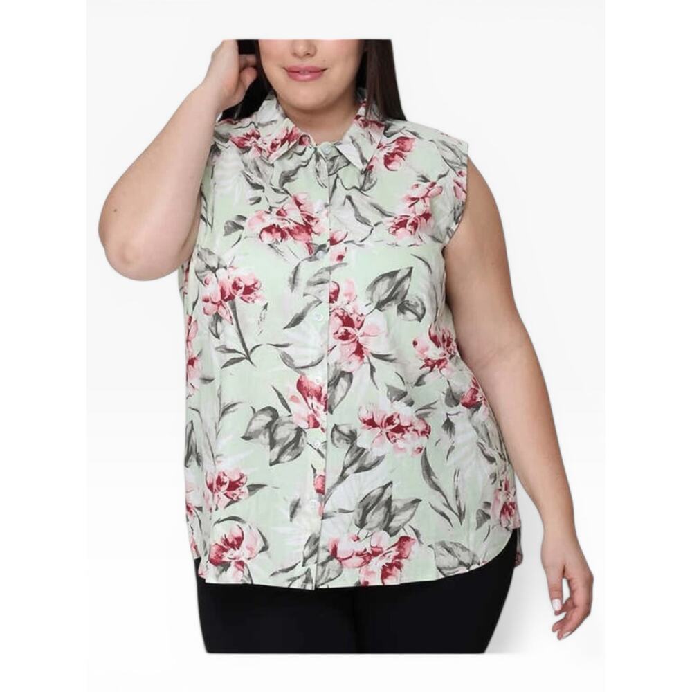 Nicole Miller Linen Blend Floral Sleeveless Blouse Women 2X NWT